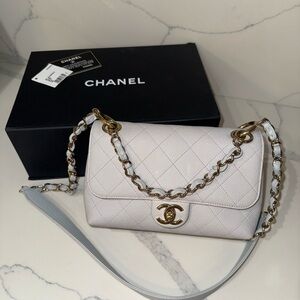 Authentic CHANEL Quilted Shoulder Bag in Light Cream with Gold Hardware